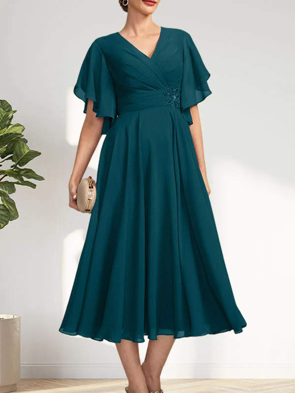 A-line V-Neck Tea-Length Chiffon Mother of the Bride Dress With Pleated Beading - Image 32