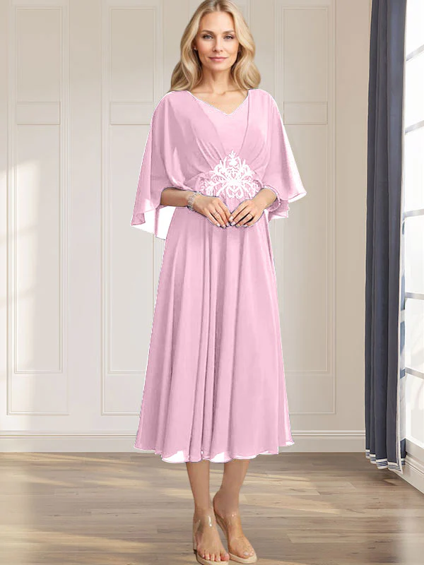 A-line V-Neck Tea-Length Chiffon Mother of the Bride Dress With Pleated Sequins Appliques Lace Beadind - Image 25