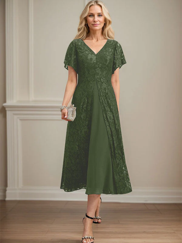 A-line V-Neck Tea-Length Lace Chiffon Mother of the Bride Dress - Image 28