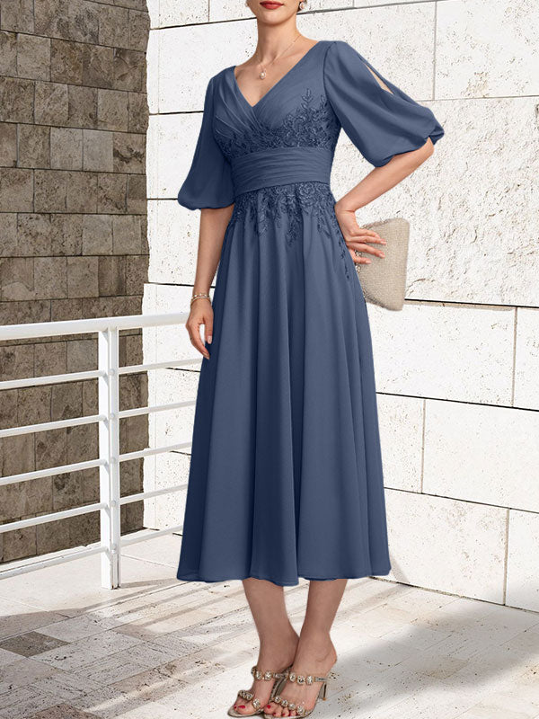A-line V-Neck Tea-Length Lace Chiffon Mother of the Bride Dress With Pleated - Image 28
