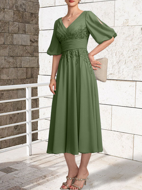 A-line V-Neck Tea-Length Lace Chiffon Mother of the Bride Dress With Pleated - Image 29