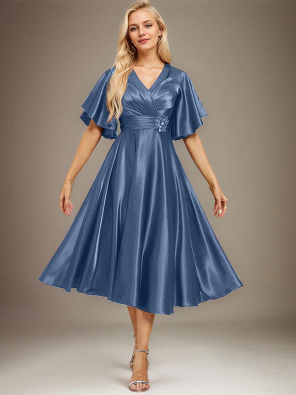 A-line V-Neck Tea-Length Stretch Satin Mother of the Bride Dress With Beading Pleated - Image 16