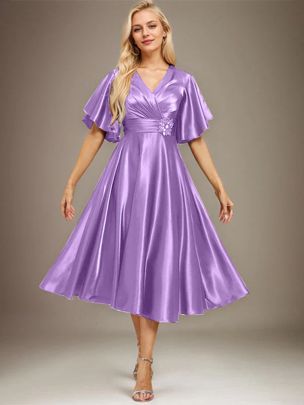 A-line V-Neck Tea-Length Stretch Satin Mother of the Bride Dress With Beading Pleated - Image 25