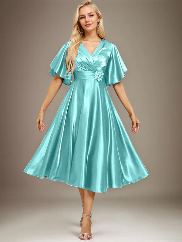 A-line V-Neck Tea-Length Stretch Satin Mother of the Bride Dress With Beading Pleated - Image 26