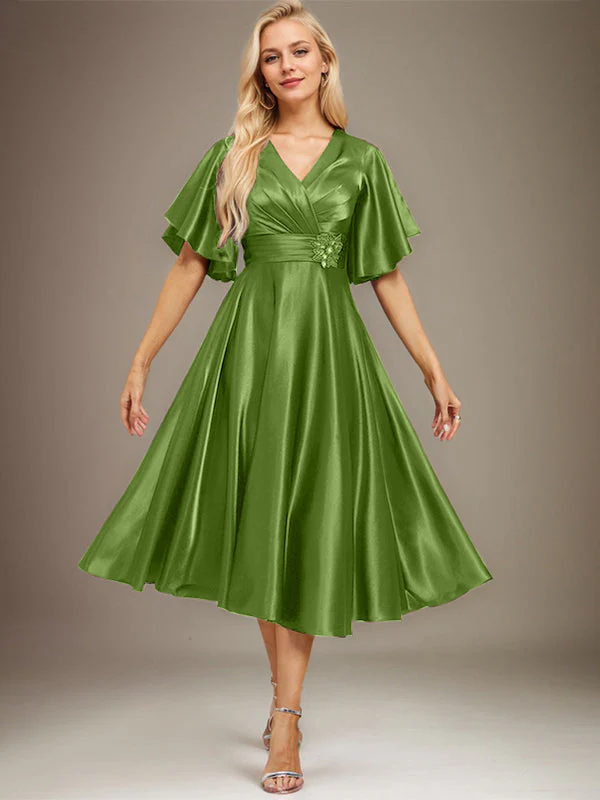A-line V-Neck Tea-Length Stretch Satin Mother of the Bride Dress With Beading Pleated - Image 29