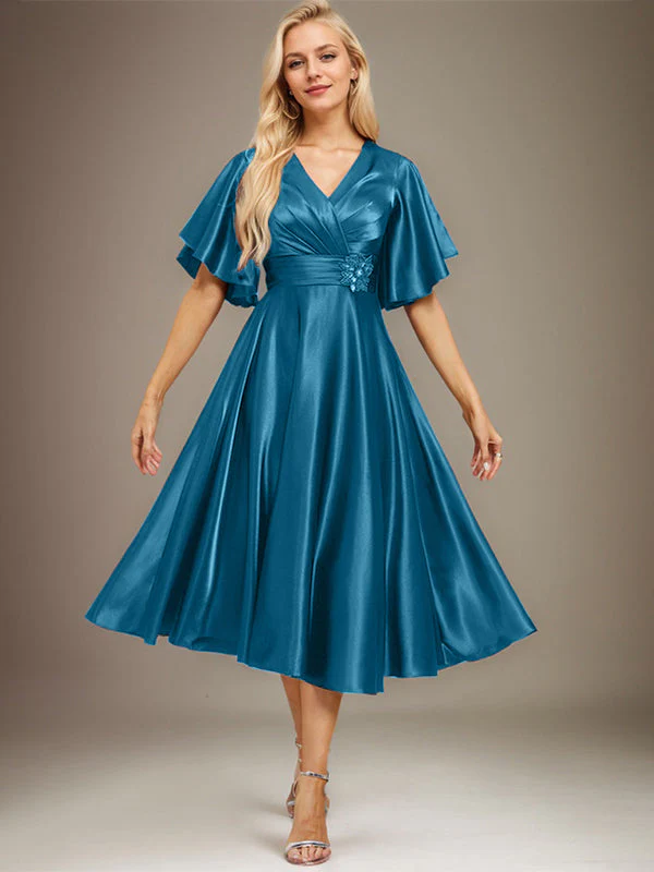 A-line V-Neck Tea-Length Stretch Satin Mother of the Bride Dress With Beading Pleated - Image 8
