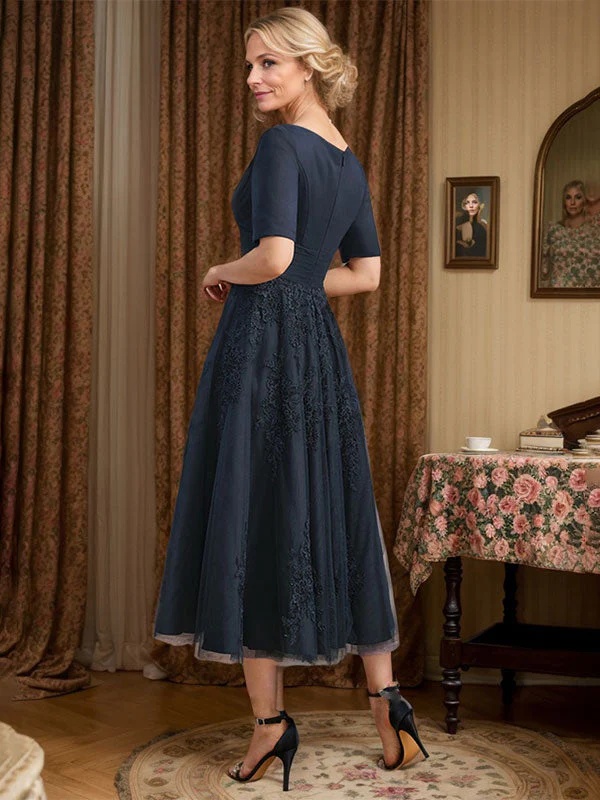 A-line V-Neck Tea-Length Tulle Lace Mother of the Bride Dress With Pleated - Image 3
