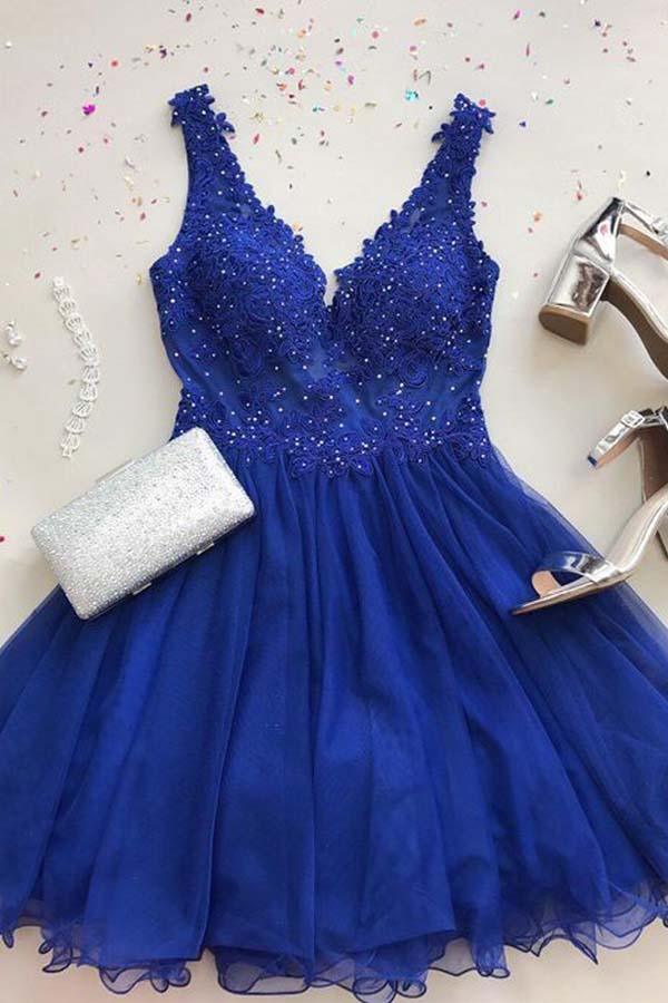 A Line V Neck Tulle Beaded Royal Blue Homecoming Dresses with Appliques PD261 - Image 3