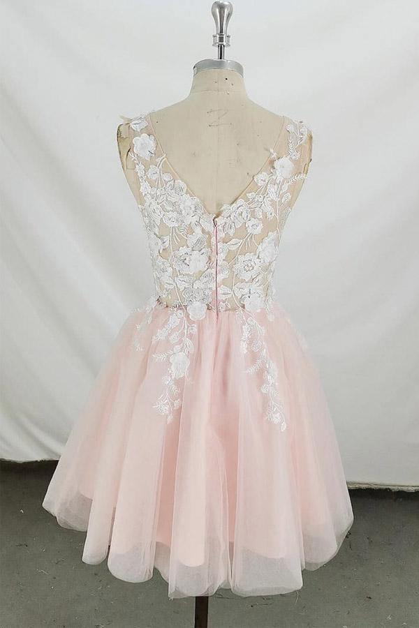 A-line V Neck Tulle Short Pink and White Homecoming Dress Short Prom Dress PD350 - Image 4