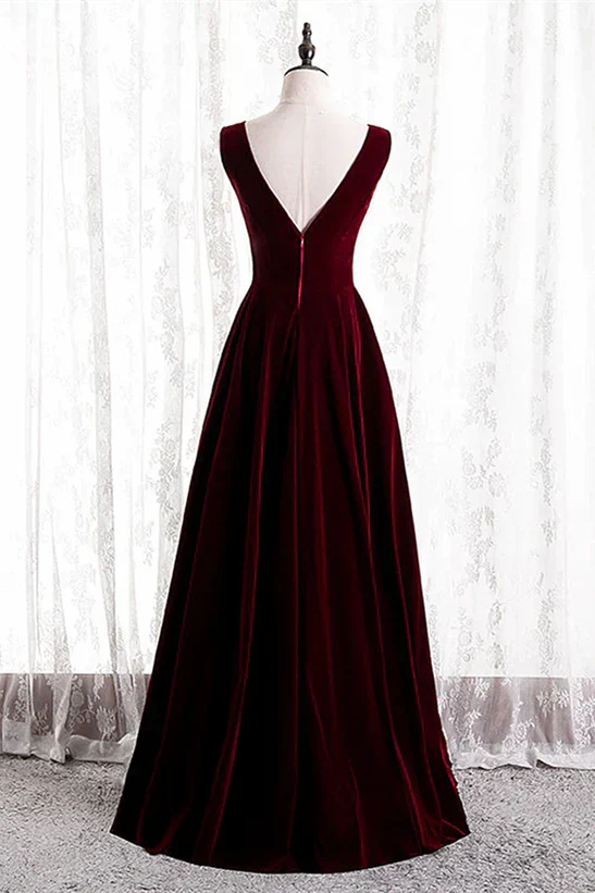 A-Line Velvet V-neckline Sleeveless Long Party Dress Prom Dresses Bridesmaid Dress - Image 2
