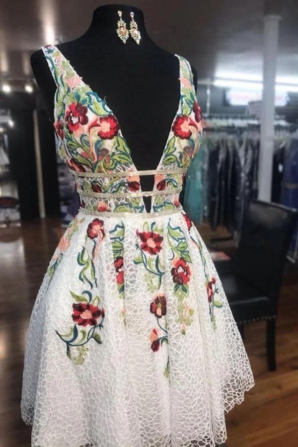 A-line White Short Prom Dress Homecoming Dress with Floral PD248 - Image 4