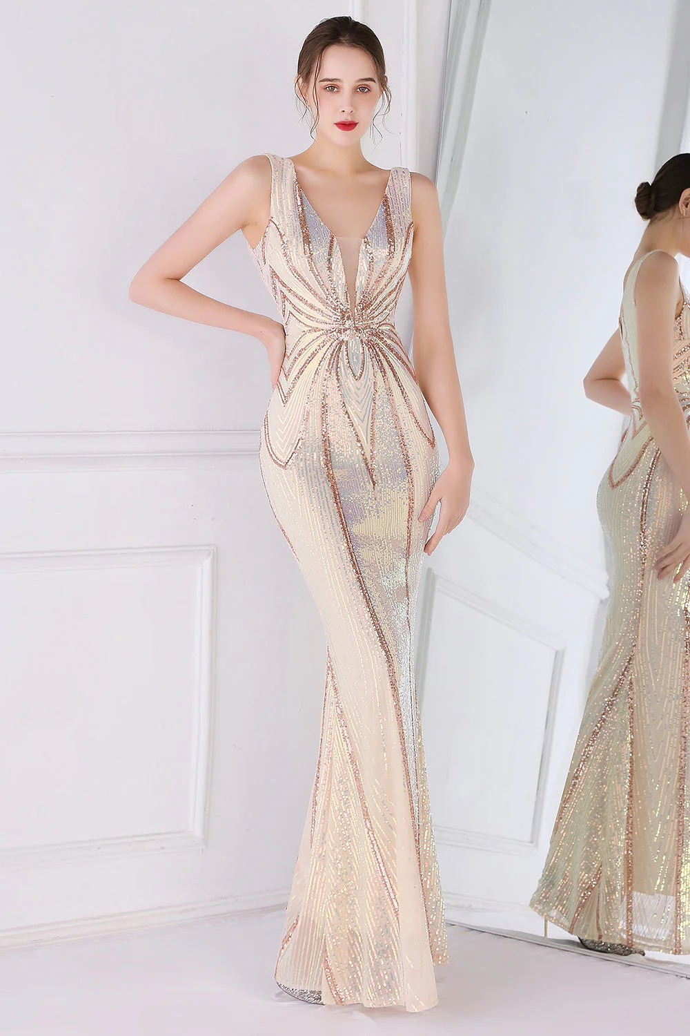 Apricot Golden Deep V Neck Prom Dress - Image 7
