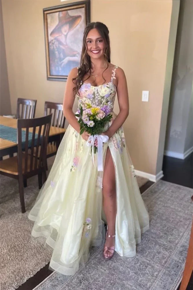 Artistic Straps Yellow Appliques A-line Long Dress with Slit - Image 3