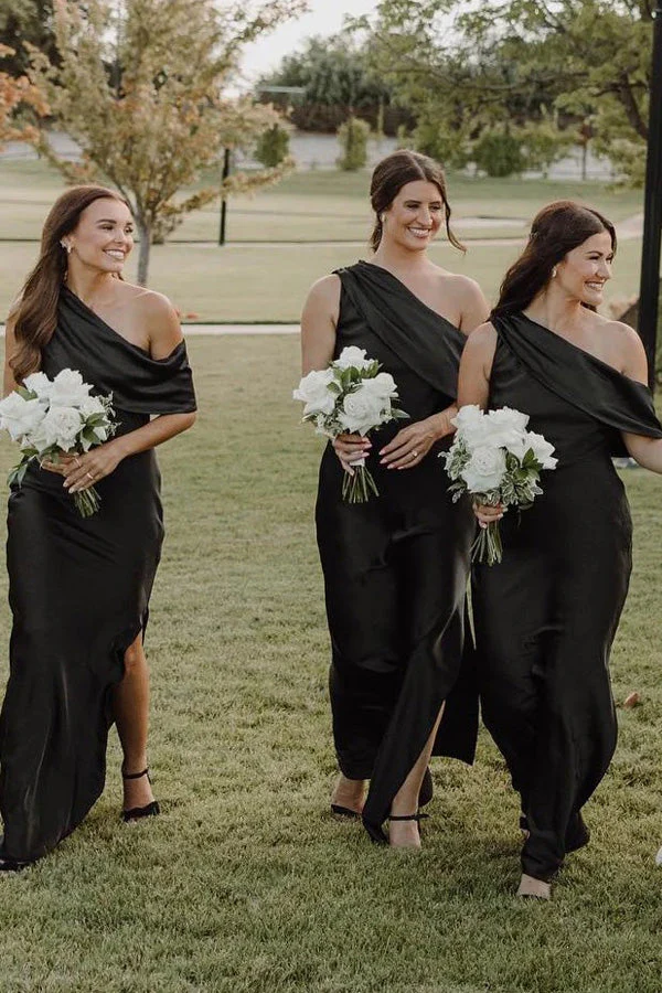 Asymmetrical Ruffle One Shoulder Bridesmaid Dresses with Slit - Image 3