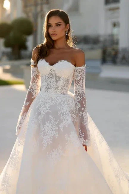 Attractive Long White A-line Off-the-shoulder Lace Wedding Dress with Long Sleeves - Image 3