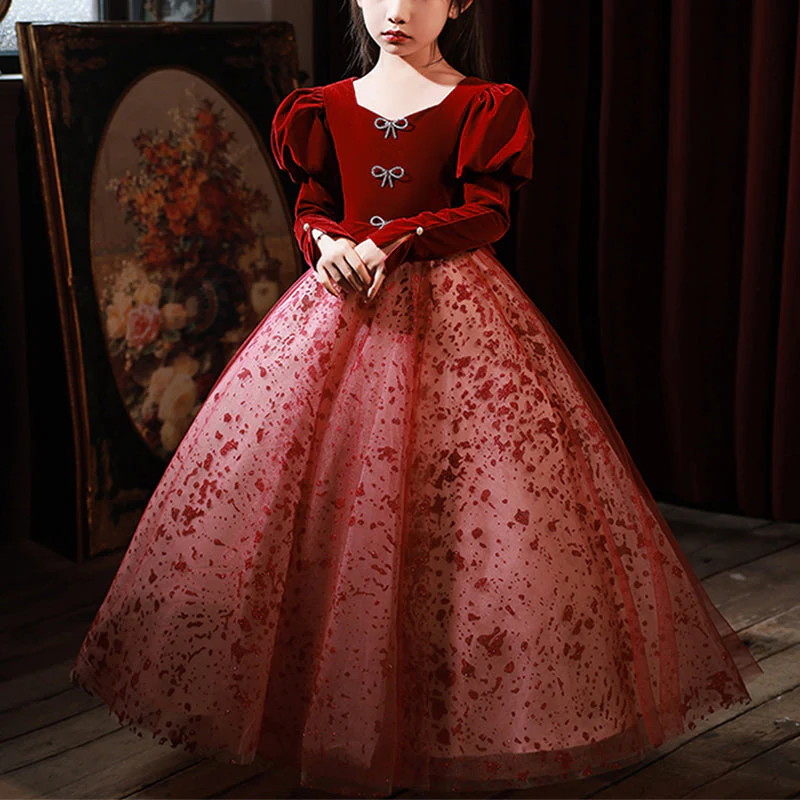 Flower Girl Dress Children Pageant Princess Communion Elegant Red Evening Dress - Image 2