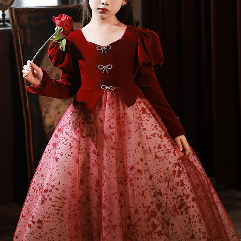 Flower Girl Dress Children Pageant Princess Communion Elegant Red Evening Dress - Image 3