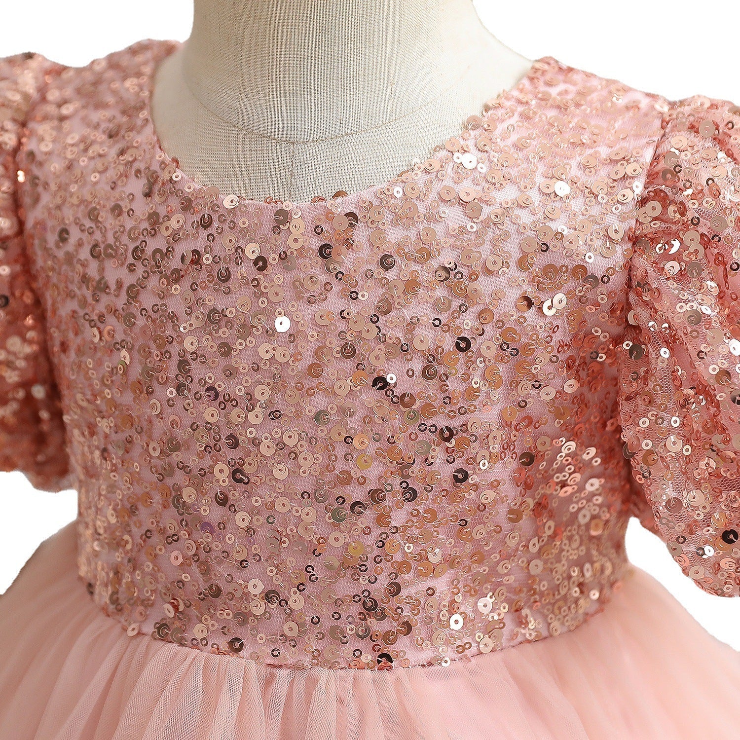 Baby Girl First Communion Dress Girl Pink Sequin Bow Fluffy Birthday Party Dress - Image 4