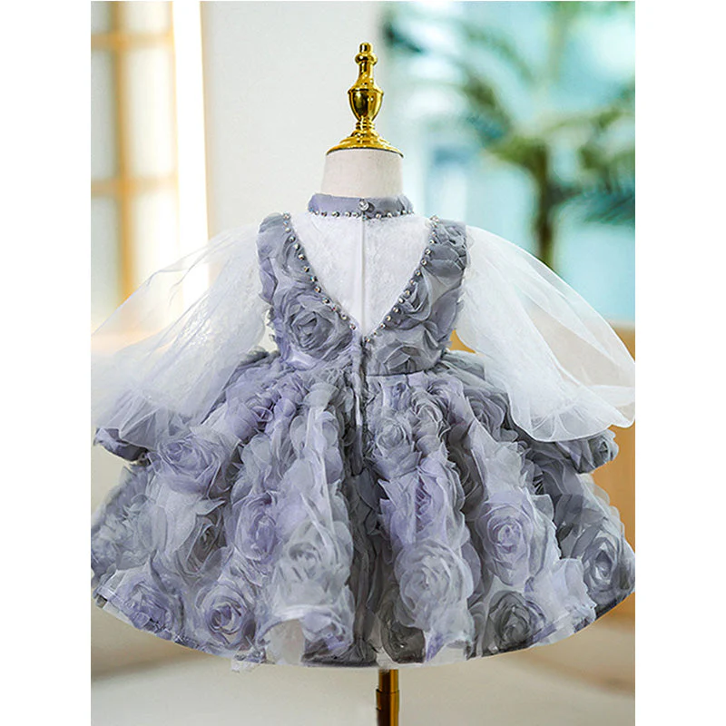 Baby Girl First Communion Dress Flower Girl Princess Dress Rose Beaded Mesh Fluffy Dress - Image 6