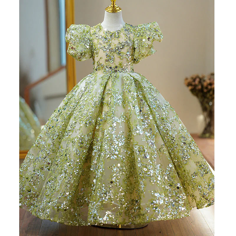 Toddler Ball Gowns Flower Girl Communion Summer Green Sequin Mesh Pageant Princess Dress - Image 2