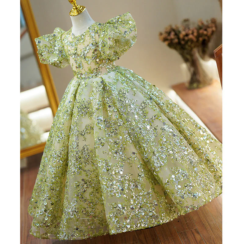 Toddler Ball Gowns Flower Girl Communion Summer Green Sequin Mesh Pageant Princess Dress - Image 4