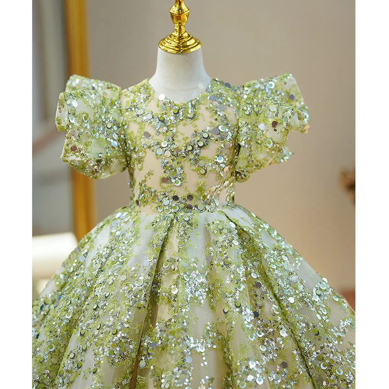 Toddler Ball Gowns Flower Girl Communion Summer Green Sequin Mesh Pageant Princess Dress - Image 6