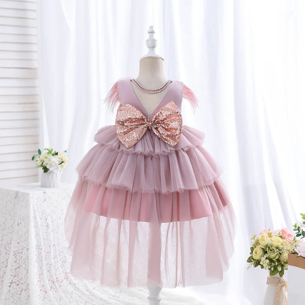 Flower Girl Dress Toddler Communion Pageant Cute Bow Princess Trailing Birthday Dress - Image 4