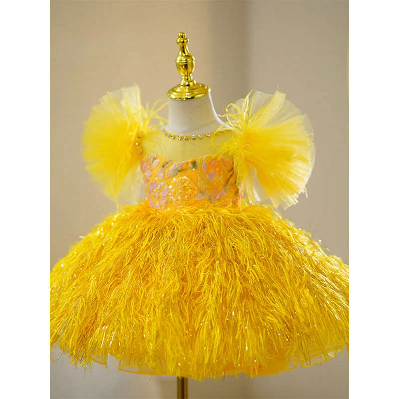 Baby Girls First Communion Dress Toddler Yellow Fluffy Princess Dress - Image 3