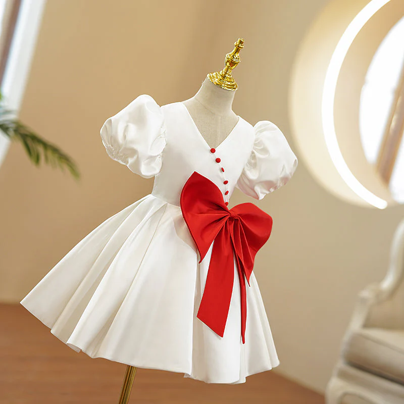 Baby Girls First Communion Dress Girl Red Bow Wedding Puff Seeves Birthday Princess Dress - Image 3