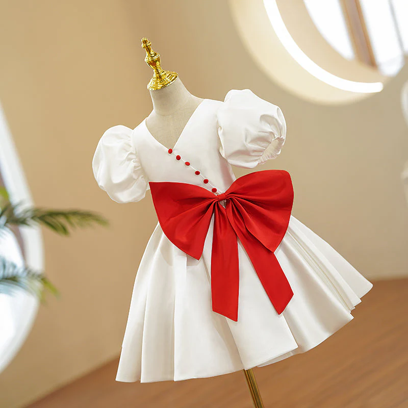 Baby Girls First Communion Dress Girl Red Bow Wedding Puff Seeves Birthday Princess Dress - Image 4