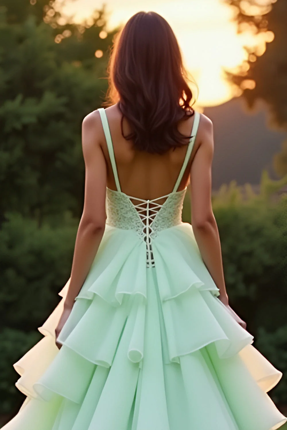 Ball Gown Green Tiered Long Prom Dress with Ruffles - Image 4