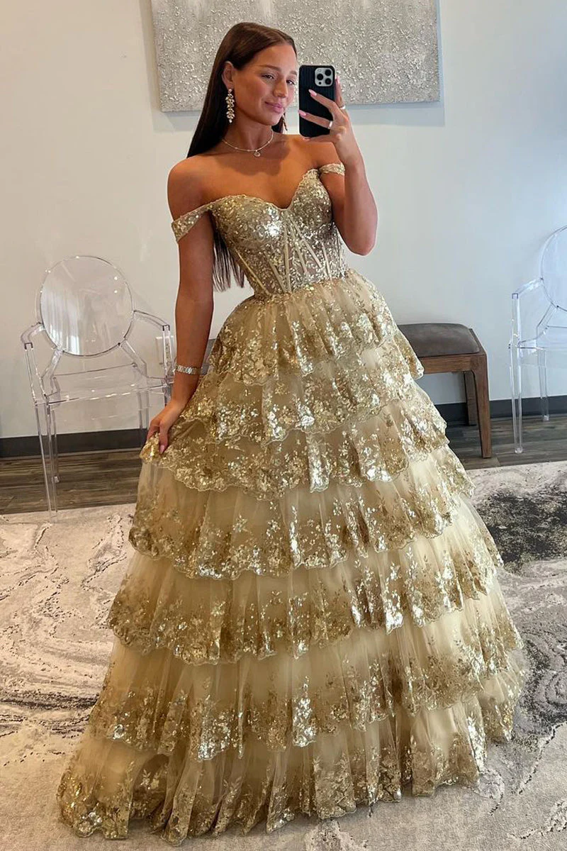 Princess Off the Shoulder Sequined Lace Prom Dress - Image 3