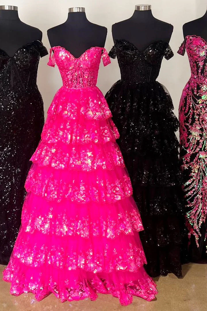 Princess Off the Shoulder Sequined Lace Prom Dress - Image 7
