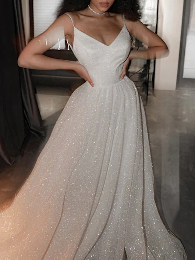 Ball Gown Prom Dresses Glittering Dress Wedding Party Court Train Sleeveless Spaghetti Strap Tulle with Sequin - Image 5