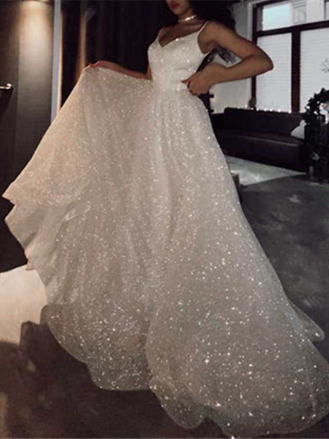 Ball Gown Prom Dresses Glittering Dress Wedding Party Court Train Sleeveless Spaghetti Strap Tulle with Sequin - Image 6