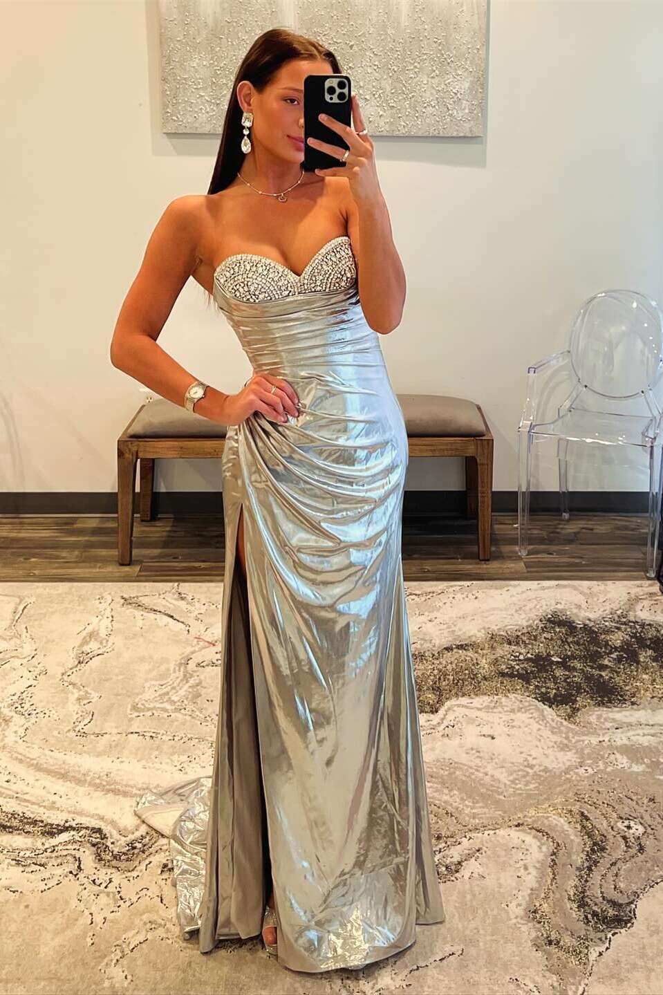 Beaded Neck Gold Ruched Long Dress with Slit - Image 3