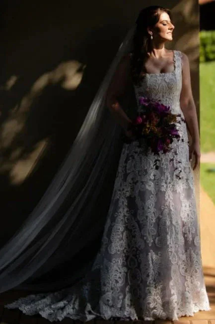 Beautiful A-Line Lace Square Sleeveless Ivory Long Wedding Dress With Appliques - Image 3