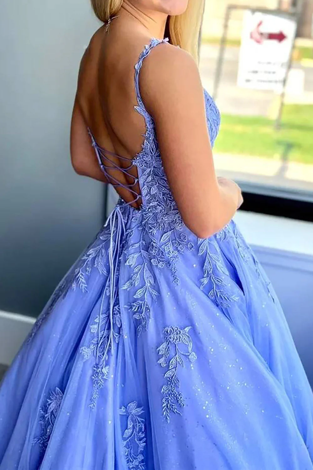 Beautiful A Line Spaghetti Straps Blue Long Prom Dress with Appliques - Image 2