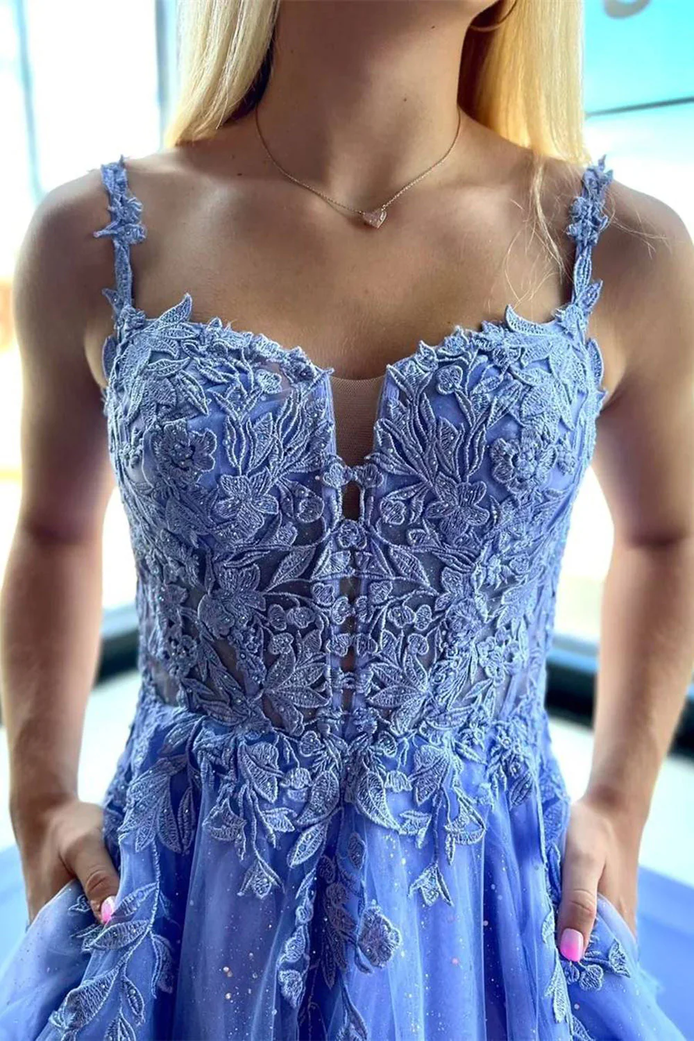 Beautiful A Line Spaghetti Straps Blue Long Prom Dress with Appliques - Image 3
