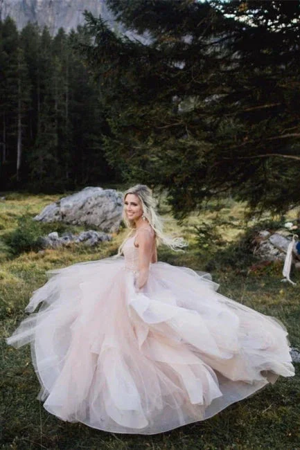 Beautiful A-line V-neck Backless Tulle Sleeveless Wedding Dresses - Image 6