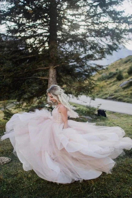 Beautiful A-line V-neck Backless Tulle Sleeveless Wedding Dresses - Image 7