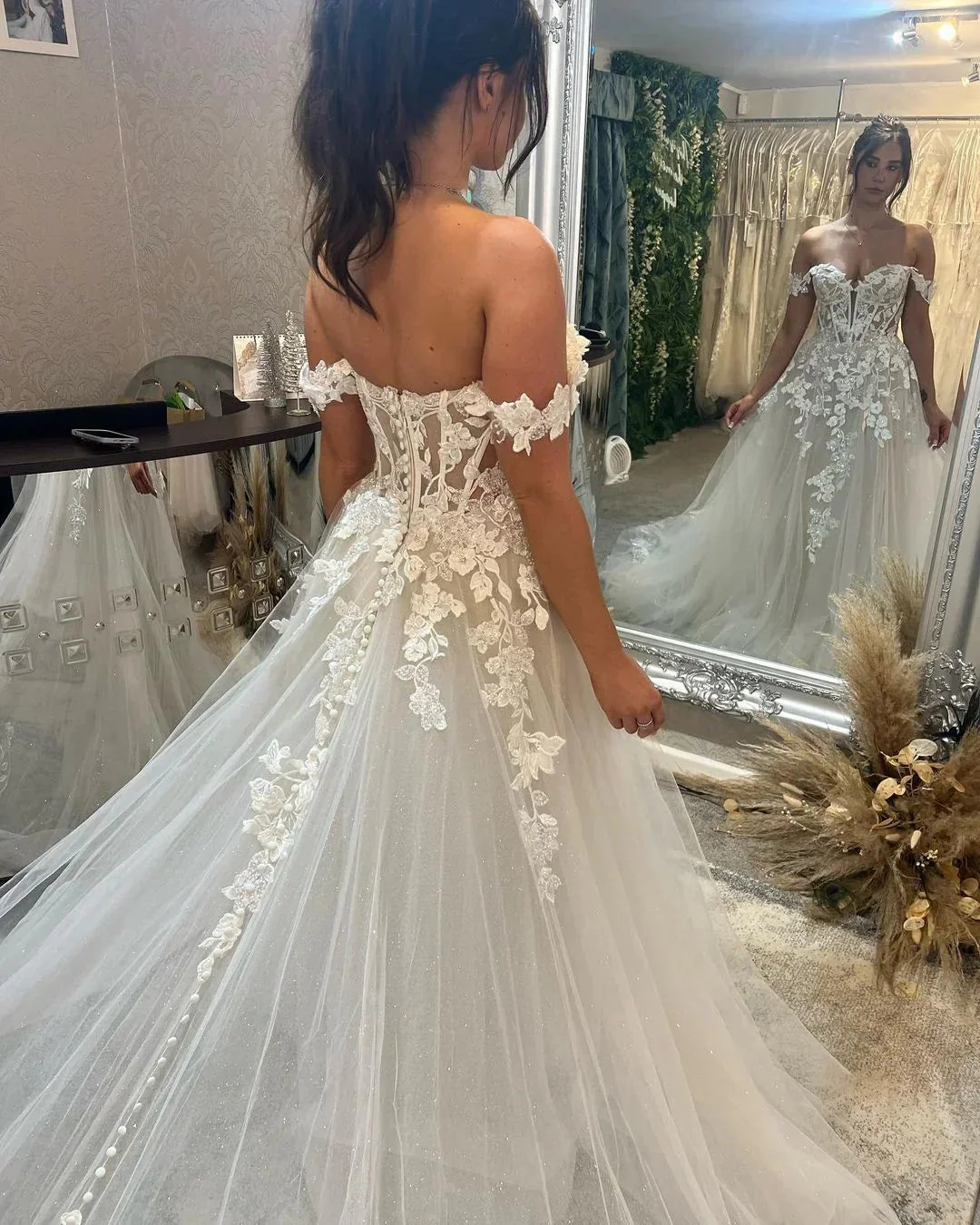 Beautiful Long Off-the-shoulder A-line Appliques Wedding Dress With Train - Image 3