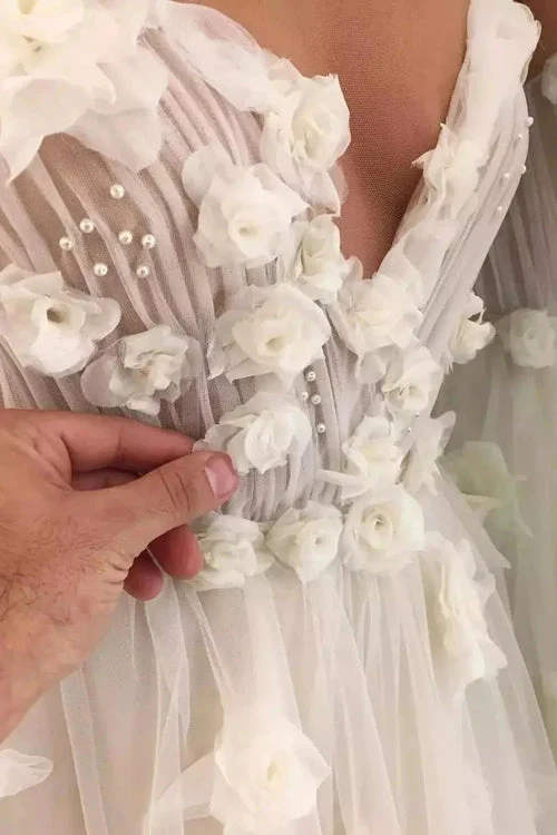 Wedding Dresses A-line Scoop Hand-Made Flower Beading Bridal Gown - Image 3
