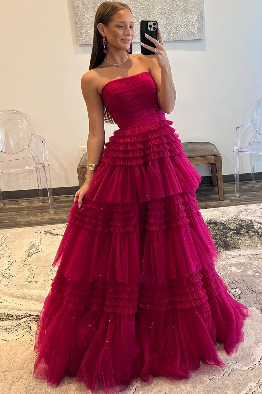 A-Line Strapless Tulle Long Prom Dress with Tiered Ruffles - Image 3