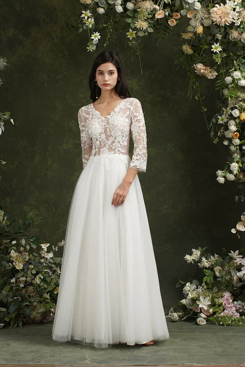 Biztunnel Long A-line Sweetheart Chiffon Lace Wedding Dresses with Sleeves - Image 2