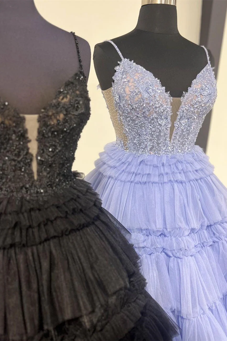 Beaded Spaghetti Strap Ruffle Tiered Ball Gown - Image 2