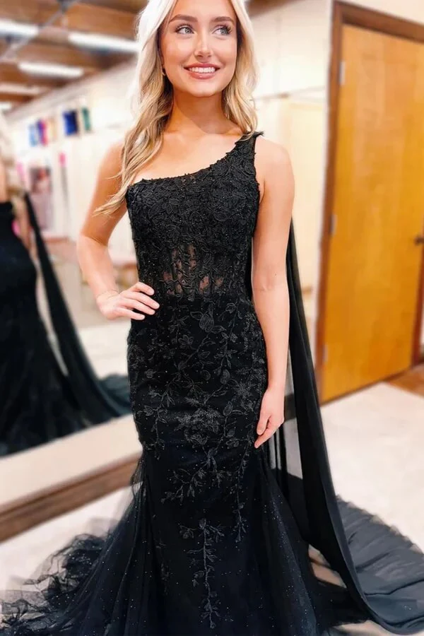 Black Mermaid Lace One Shoulder Long Prom Dresses, Evening Dress, MP966 - Image 2