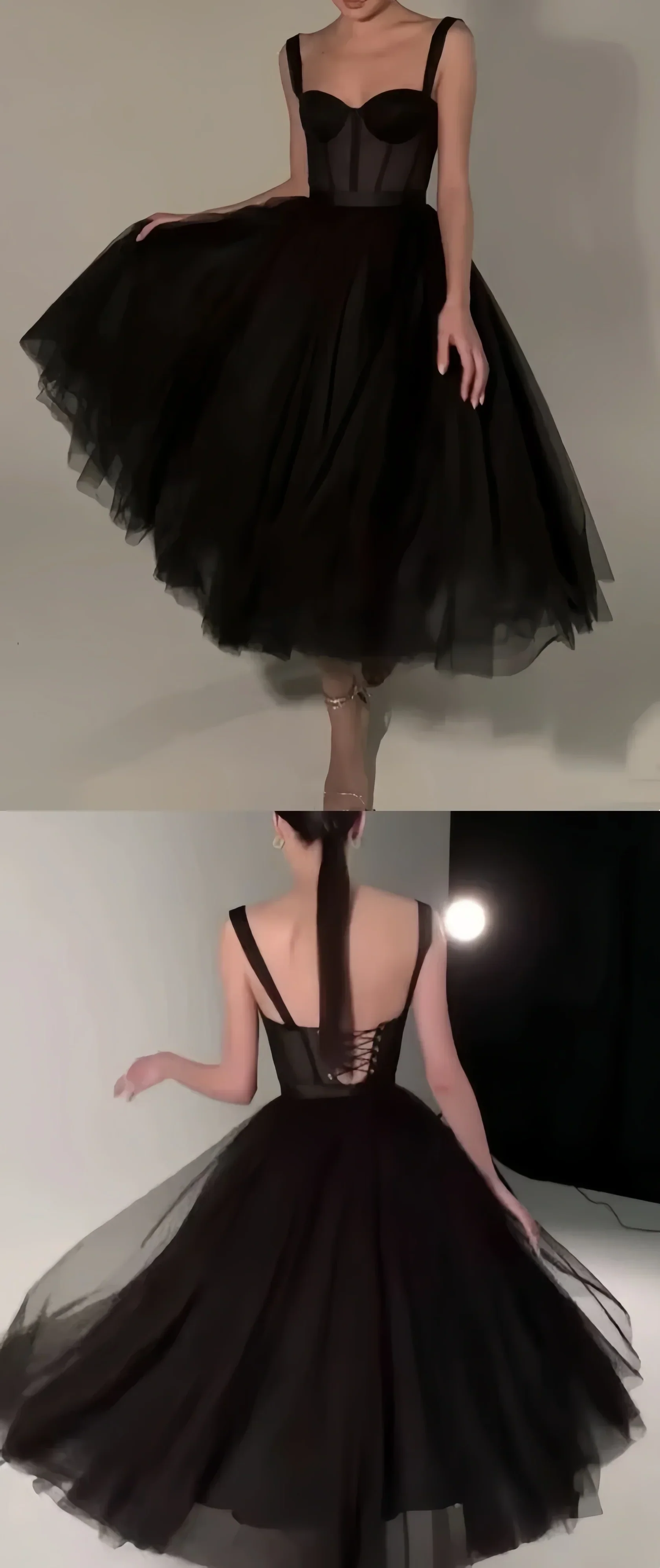 Black Midi Dress Tulle Prom Dress Black Formal Dresses A-line Evening Dresses - Image 2