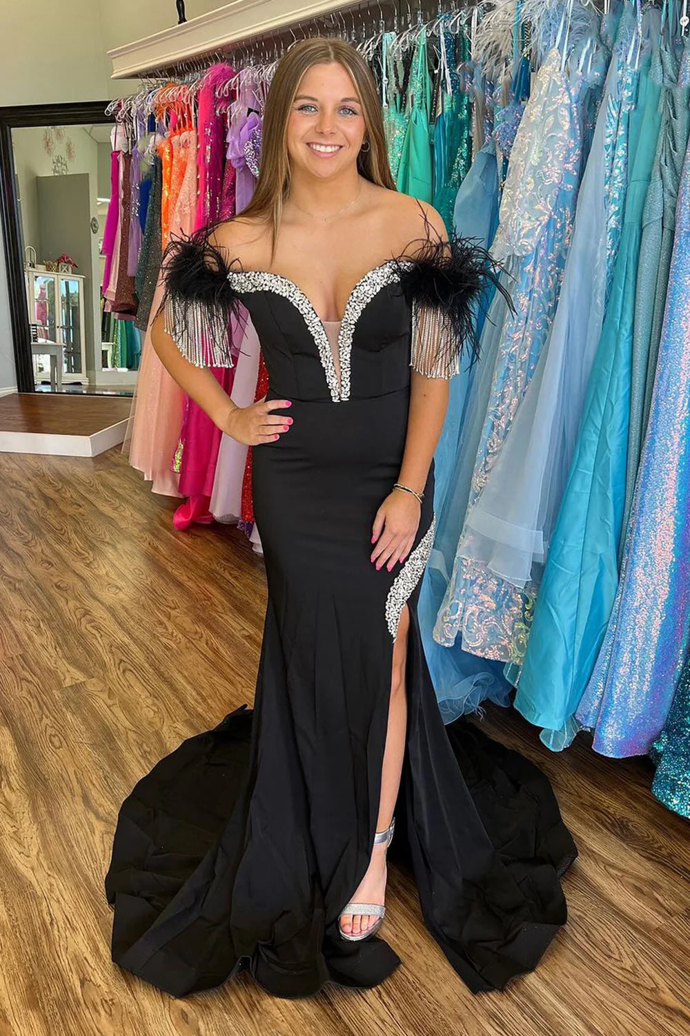 Off the Shoulder Mermaid Satin Long Prom Dress with Sequins