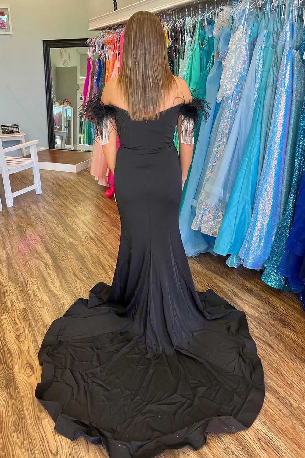 Off the Shoulder Mermaid Satin Long Prom Dress with Sequins - Image 2